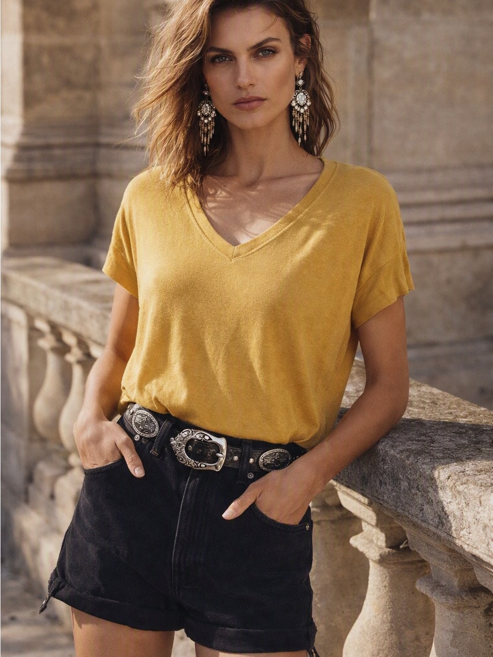 Orvis V-Neck Short Sleeve Stretchy Oversized Top in Mustard Yellow Shirt